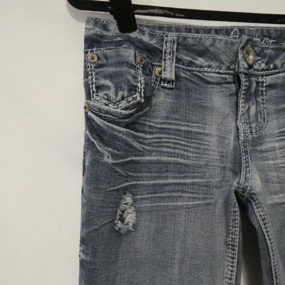 AMETHYST | 14 inch waist measured | Distressed Faded Blue Flare Jeans - Picture 3 of 16
